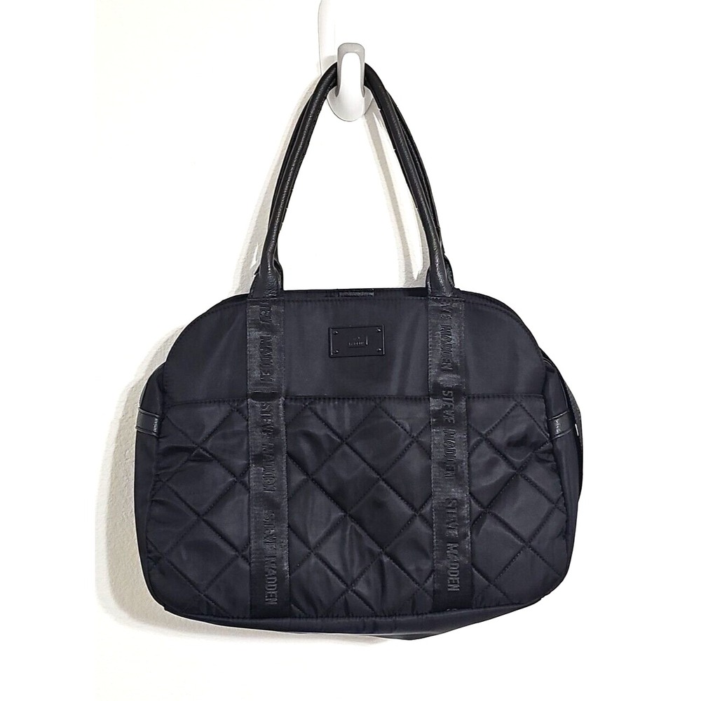 Steve Madden Black Quilted Nylon Large Zip Duffle Tote Weekender Overnight Bag